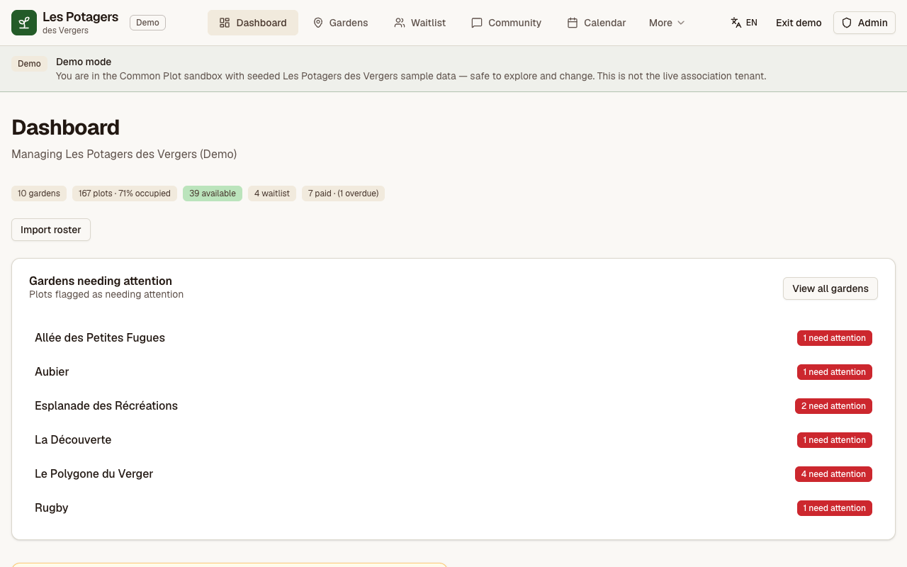 Vue admin dans la démo Common Plot