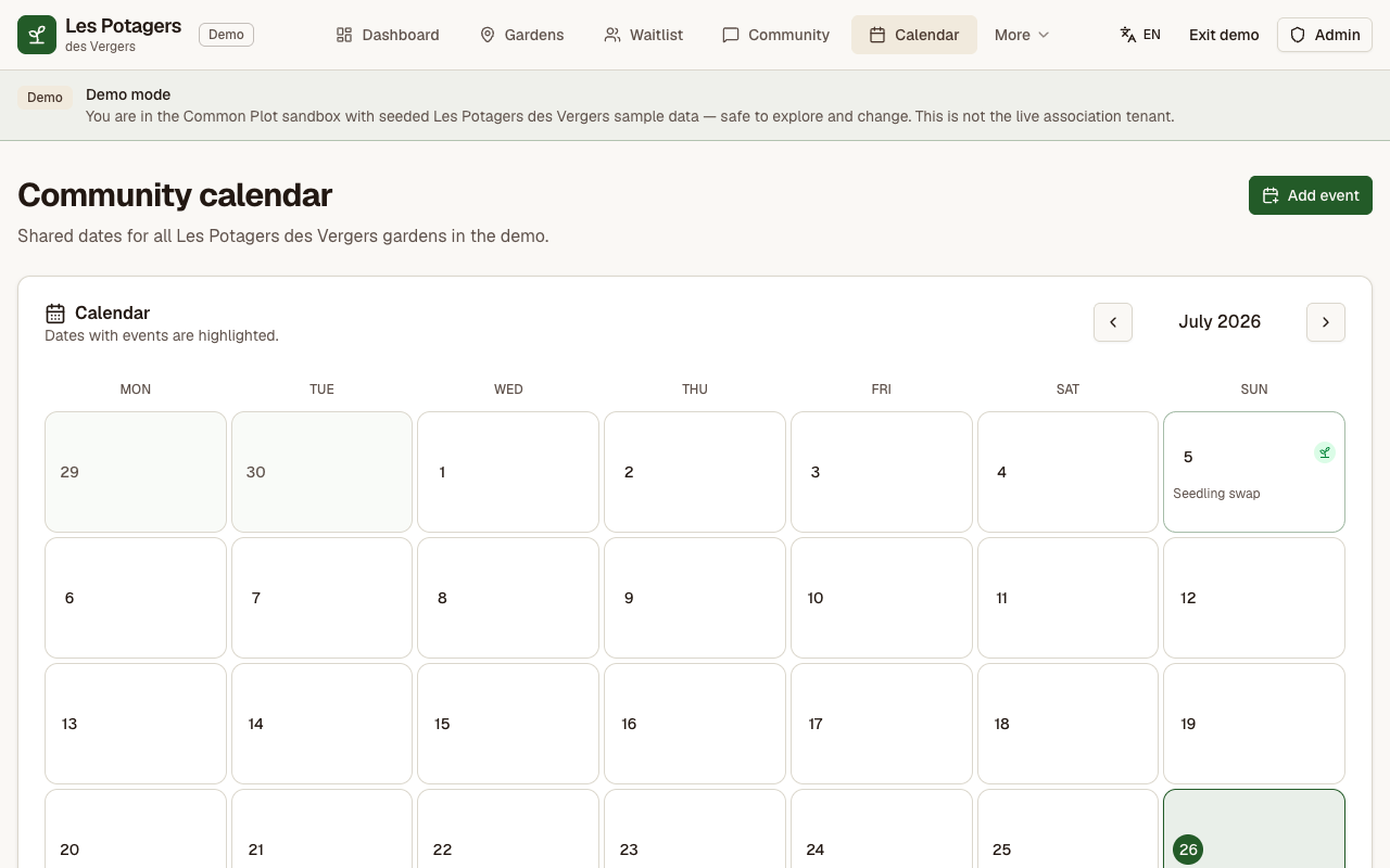 Calendrier communautaire dans la démo Common Plot